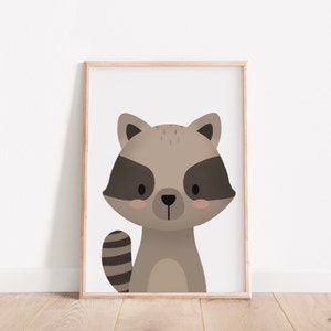 Stampa di procione, cameretta per bambini con procione, cameretta per bambini nel bosco, arte con animali della foresta, animali della foresta, simpatico procione, stampa da parete per cameretta, decorazioni per cameretta