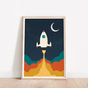 Space print, Spaceship art, Nursery wall art, Nursery wall decor, Retro nursery, Vintage nursery, Kids room art, Kids room decor, Artwork