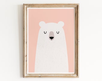 Bear wall art, Pink wall decor, Pink print, Nursery wall art, Cute wall decor, White bear, White bear decor, Baby room decor, Nursery prints
