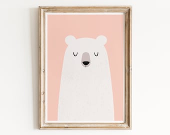 Bear wall art, Pink wall decor, Pink print, Nursery wall art, Cute wall decor, White bear, White bear decor, Baby room decor, Nursery prints