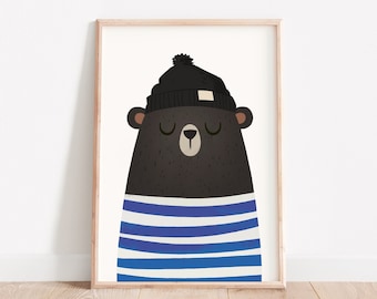 hipster bear illustration, Whimsical animal art, Nursery wall art, Kids room art, Bear art print, Cute wall decor, Animals illustration