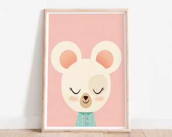 Cute mouse, Little mouse, Scandinavian nursery, Minimalist nursery, Pink nursery, Pink print, Safari print, Wall decor kids, Kids room art