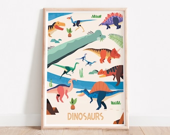 Art mural de dinosaures, décor de pépinière, décor de chambre de bébé, art de chambre d'enfants, impression de dinosaures, pépinière colorée, décor fantaisiste de pépinière, éducatif
