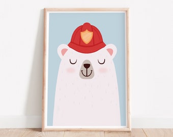 Bear art print, Firefighter print, Nursery wall art, Baby nursery decor, Firefighter bear, Kids playroom, Playroom decor, Cute animals print