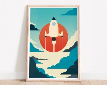 Space print, Spaceship art, Nursery wall art, Nursery wall decor, Retro nursery, Vintage nursery, Kids room art, Kids room decor, Artwork