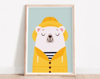 Bear wall art, Fisher bear, White bear, Nursery bear print, Bear print, Children wallart, Kids room art, Nursery wall art, Bear nursery art