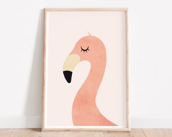 Art mural flamant rose, impression flamant rose, animaux de safari, impression d'animaux, décoration murale pour enfants, décor de chambre d'enfant, art mural chambre d'enfant, portrait d'animal, wallart