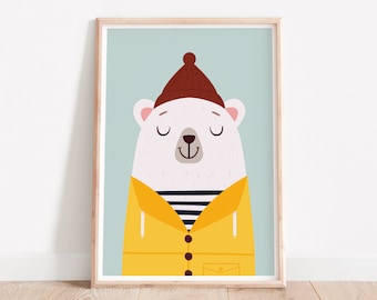 Bear print, White bear, Nursery poster, Kids wall art, Cute art, Kids room prints, Fisherman bear, Baby nursery decor, Kids illustration