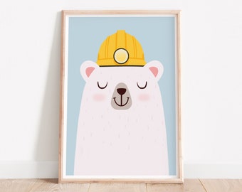 Construction worker, Bear wall art, Cute animals, Whimsical prints, Happy bear, Nursery wall decor, Nursery prints, Art for kids, Kids room