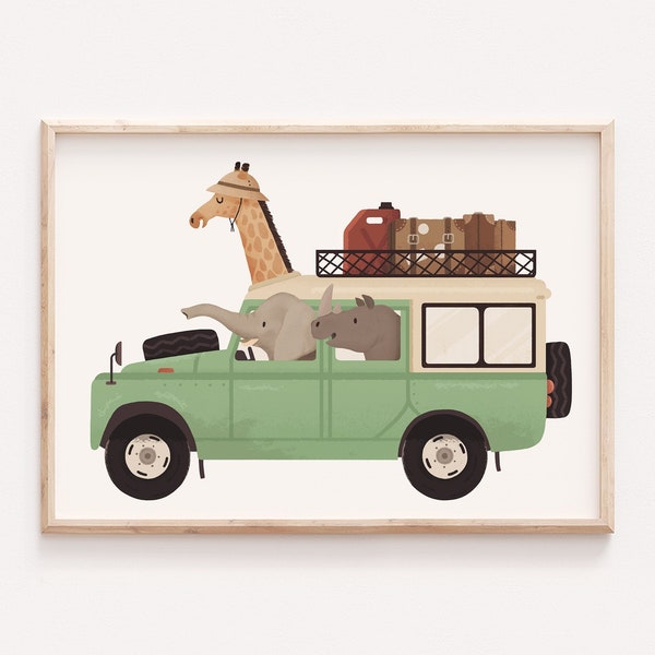 Safaritiere, Kunst mit lustigen Tieren, Kunst für Kinderzimmertiere, Tiere auf Autos, Elefantenkinderzimmerkunst, Giraffenkinderkunst, Kinderzimmerdekoration