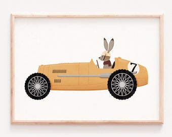 Gender neutral print, Animal nursery, whimsical animals, Racing car animal, Animal car print, Nursery wall art, Nursery animals, Baby room