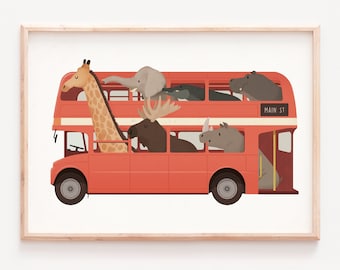 Bus nursery print, London bus, Whimsical animals, Kids room decor, Red bus print, Gender neutral art, Animals wall art, Animals on a car