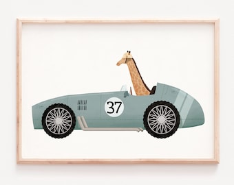 Gender neutral print, Animal nursery, whimsical animals, Racing car animal, Animal car print, Nursery wall art, Nursery animals, Baby room