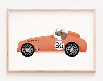 Whimsical animals, Animals wall art, Racing car nursery, baby room decor, Baby room wall, Vintage race car, Animal print, Gender neutral art