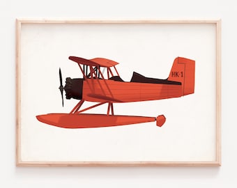 Nursery wall art, Plane print, Seaplane print, Vintage airplane, Airplane art, Nursery airplane, Airplane kid, Red plane, Plane arts,