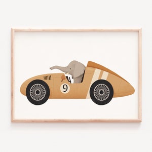 Nursery racing car, Retro race car, Animal driving a car, Whimsical animals, Cute elephant print, Cute nursery animals, Safari elephant art