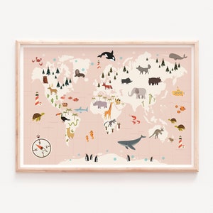World map print, Nursery world map, Nursery wall art, Map wall art, Animals of the world, World map animals, Nursery wall print, Map art