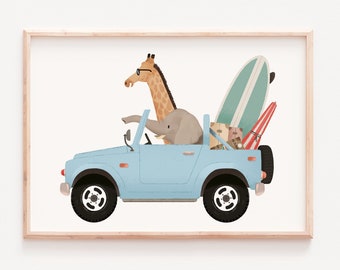 Nursery car print, Funny animals art, Nursery animals art, Animals on cars, Elephant nursery art, Giraffe children art, Kids room decor