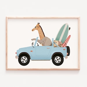 Nursery car print, Funny animals art, Nursery animals art, Animals on cars, Elephant nursery art, Giraffe children art, Kids room decor