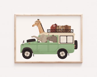 Safari animals, Funny animals art, Nursery animals art, Animals on cars, Elephant nursery art, Giraffe children art, Kids room decor