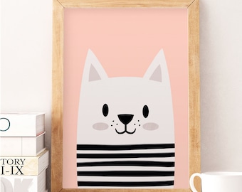 Cute cat, Little cat, Scandinavian nursery, Minimalist nursery, Pink nursery, Pink print, Safari print, Wall decor kids, Kids room art