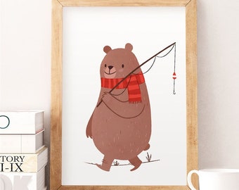 Cute bear illustration, Whimsical animal art, Nursery wall art, Kids room art, Bear art print, Cute wall decor, Animals illustration
