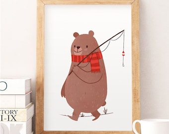 Cute bear illustration, Whimsical animal art, Nursery wall art, Kids room art, Bear art print, Cute wall decor, Animals illustration