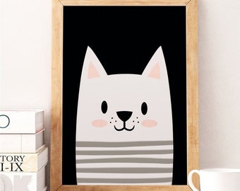 Cat print, Cute cat, Animals print, Scandinavian print, Scandinavian Nursery, Minimalist nursery, Black and white, Nursery wall decor