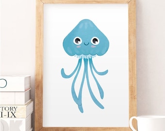 Jellyfish print, Cute jellyfish, Cute animals print, Nursery art print, Cute poster, Wall art for kids, Kid's illustration, Kids decor