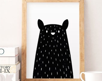 Black bear print, Minimal bear, Bear nursery art, Nursery minimal art, Black and white, Kids wall decor, Modern nursery art, Nursery print