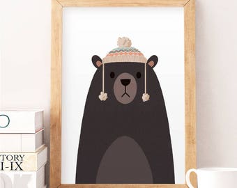 Cute bear illustration, Whimsical animal art, Nursery wall art, Kids room art, Bear art print, Cute wall decor, Animals illustration