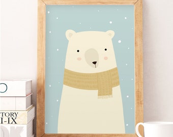 White bear, Bear nursery print, Nursery decor, Nursery print, Bear decor, Animals prints, Kids room decor, Kids room art, baby room decor