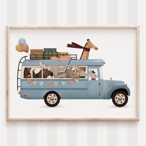 Arte per la cameretta dei bambini con animali del bosco stravaganti, illustrazione di simpatici animali della foresta per la decorazione della cameretta dei bambini, regalo per baby shower, arte murale avventurosa