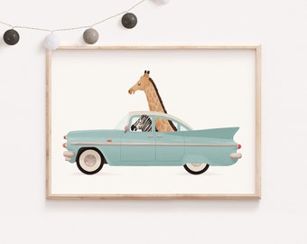 Retro car nursery, Funny animals art, Nursery animals art, Animals on cars, Giraffe nursery art, Zebrah children art, Kids room decor