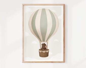 Hot Air Balloon Nursery Print: Forest Animals, Sage Green Kids Wall Art
