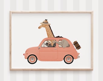 Safari Animal Car Print: Nursery Wall Art, Playful Illustration
