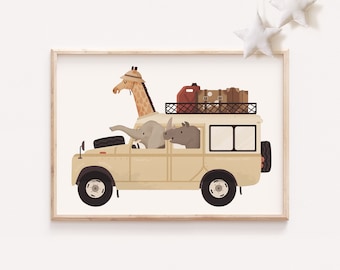 Safari car animals, Cute animals print, Safari wall art, Nursery animals art, Safari wall decor, Whimsical animals, Nursery wall decor