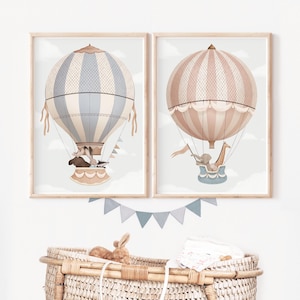 Heißluftballon Poster, Kinderzimmer Dekoration, Abenteuer Kinderzimmer Drucke, Set mit zwei Drucken, Baby Zimmer Wandkunst, Waldtier Wandkunst