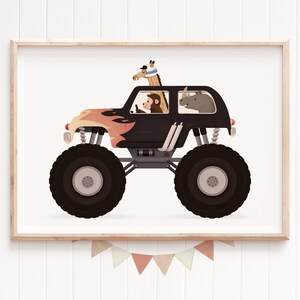 Safari Animal Truck Nursery Wall Art - Illustrazione di giraffa, elefante, scimmia - Decorazione per la cameretta dei bambini - Stampa di avventure con animali giocosi