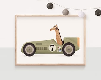 Impression neutre en matière de genre, Pépinière d’animaux, animaux fantaisistes, Animal de voiture de course, Impression de voiture d’animal, Art mural de pépinière, Animaux de pépinière, Chambre de bébé