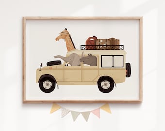 Safari Animal Driving Car Nursery Print, Jungle Adventure Wall Art, Baby Boy Room Decor, Neutral Earth Tone Poster, Kids Playroom Art