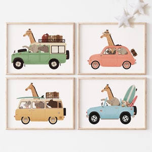 Set of prints, Promotion, Whimsical animals, Nursery set, Wall art set, Nursery art, Animals on cars, Set of four, Nursery decor, Wallart