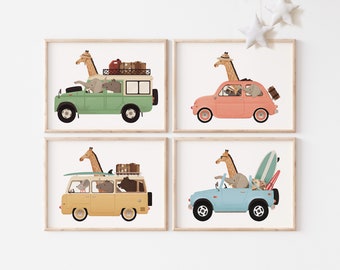 Set of prints, Promotion, Whimsical animals, Nursery set, Wall art set, Nursery art, Animals on cars, Set of four, Nursery decor, Wallart