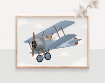 Art mural pour chambre d'enfant, impression avion, impression biplan, avion vintage, art avion, avion pour chambre d'enfant, avion pour enfants, avion bleu, art mural avion