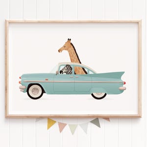 Arte da parete stravagante per la cameretta dei bambini, zebra e giraffa in auto retrò blu, decorazione per la cameretta dei bambini a tema animale