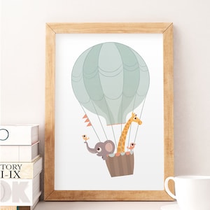 Animals wall decor, Balloon print, Nursery wall print, Nursery decor, Kid's room art, Baby room decor, Cute animals, Pastel colors art image 1