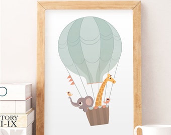 Animals wall decor, Balloon print, Nursery wall print, Nursery decor, Kid's room art, Baby room decor, Cute animals, Pastel colors art