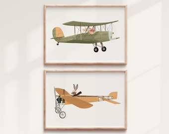 Airplane Nursery Art Print Set: Whimsical Animals, Aviation Kids Wall Decor