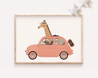 Vintage cars print, Animals in cars, Whimsical nursery, Kids room decor, Nursery wallart, Vintage cars, Gender neutral, Cars wall art, Kids