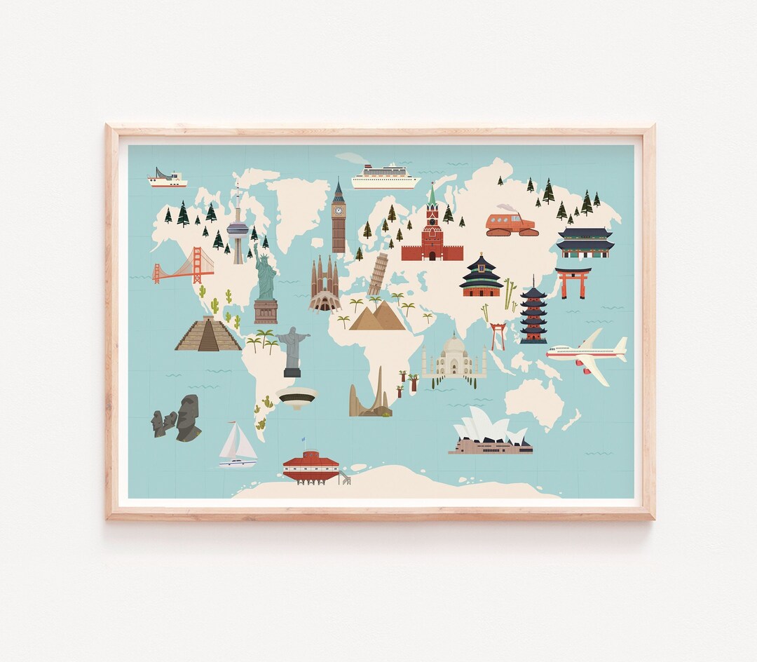 World Map, World Landmarks, Map of the World, Nursery Print, Nursery ...